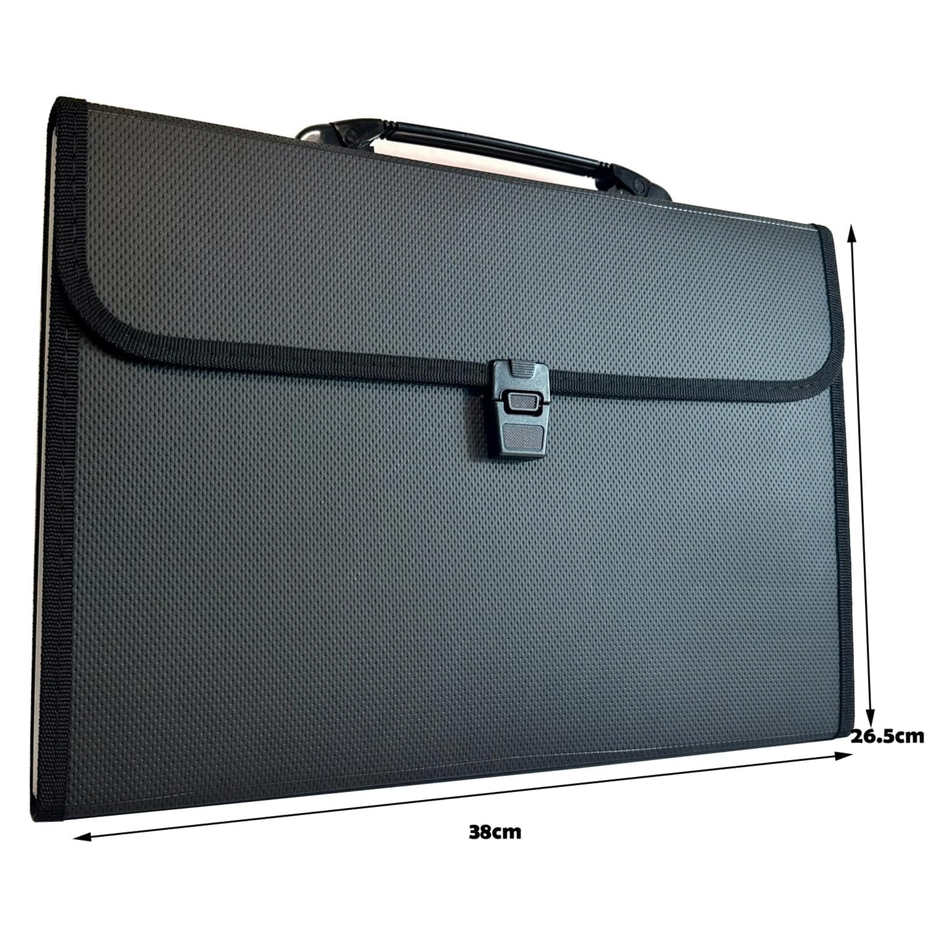 A black textured briefcase with a top handle and front flap closure, shown on a white background with dimension lines and measurements indicating 38cm width, 26.5cm height, and a depth of approximately 38cm.