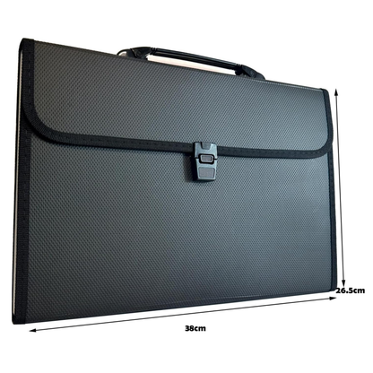 A black textured briefcase with a top handle and front flap closure, shown on a white background with dimension lines and measurements indicating 38cm width, 26.5cm height, and a depth of approximately 38cm.
