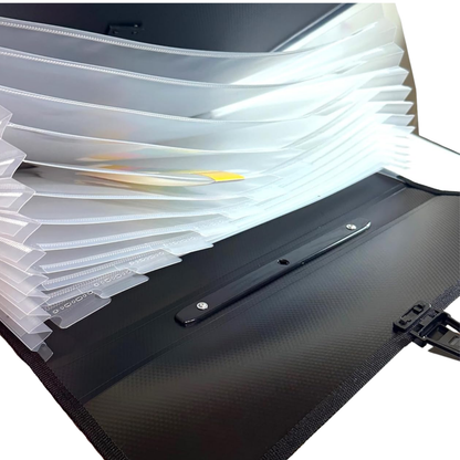 A close-up of a black file organizer or document pouch with multiple translucent white plastic divider sheets fanned out inside.