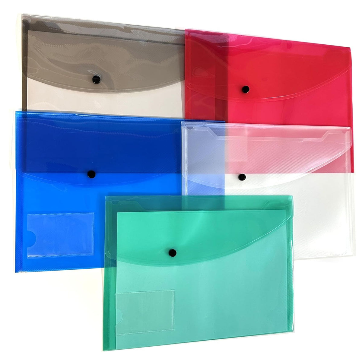 5 translucent plastic envelope files in different colours (grey, red, blue, clear, green, and white) arranged on a plain white background.