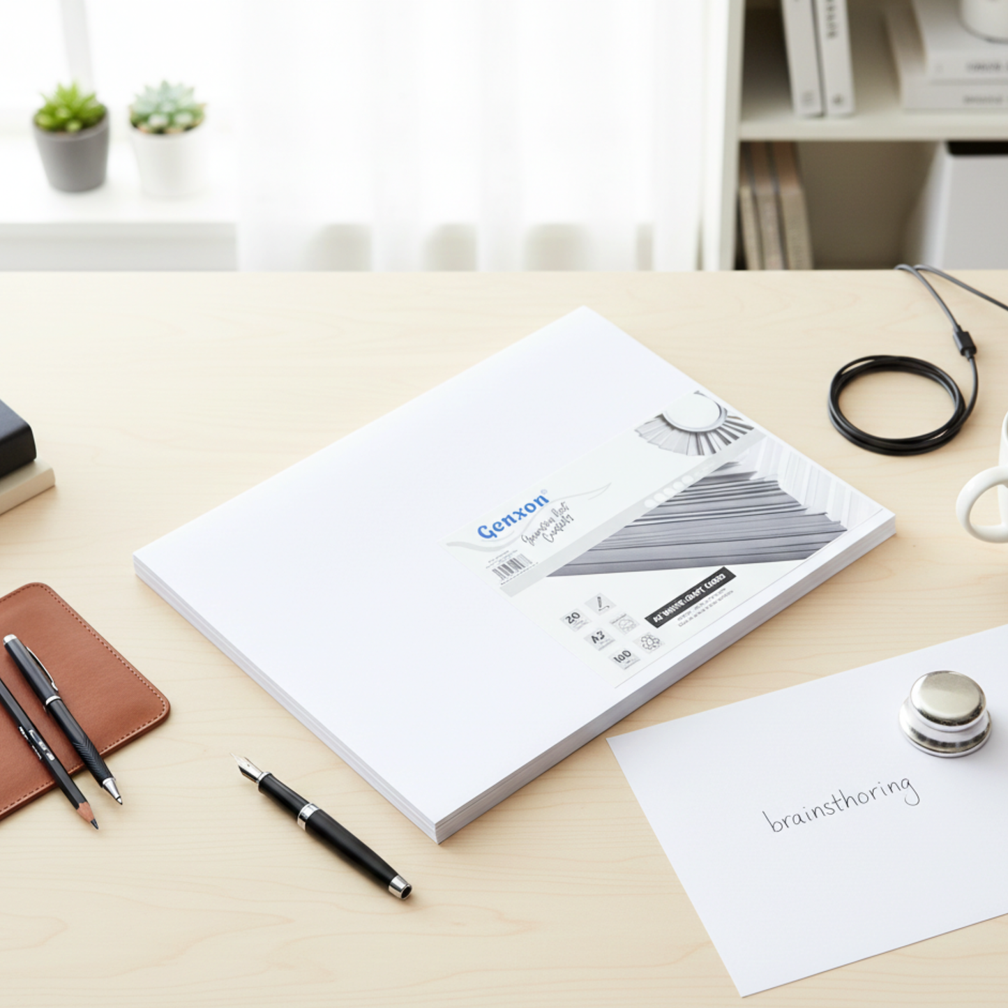 Genxon A2 Card  White  on a desk with stationery items