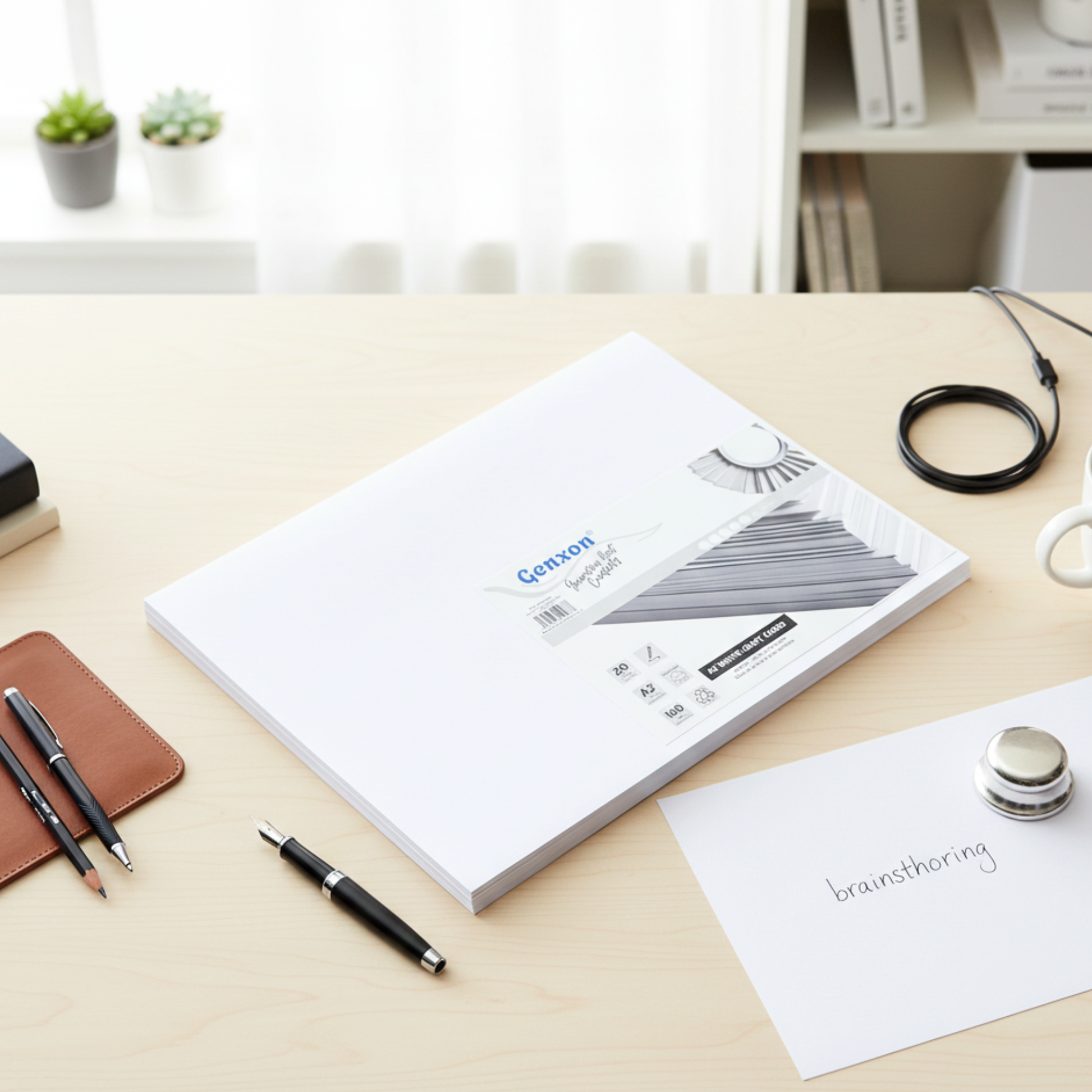 Genxon A2 Card  White  on a desk with stationery items