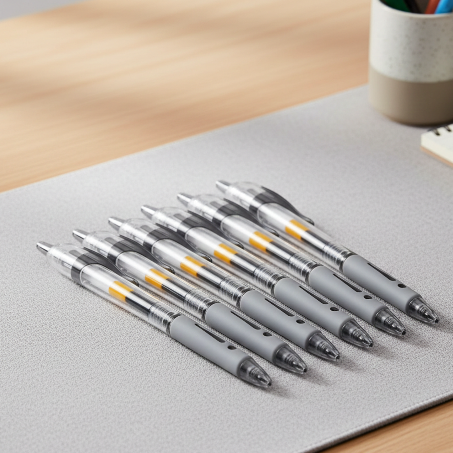 Set of gray pens with black accents on a light gray surface