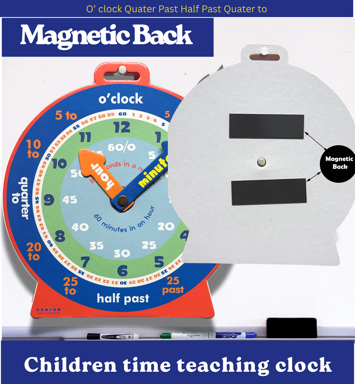Children's time teaching clock with magnetic back on a whiteboard