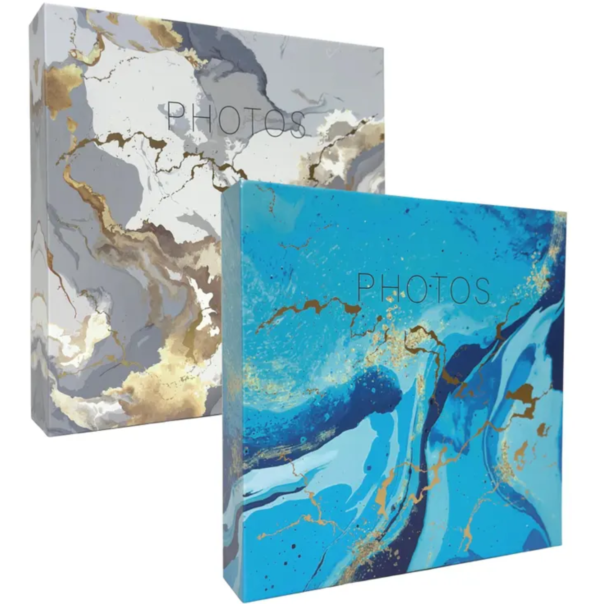 Two photo albums with marble design and 'PHOTOS' text on a white background