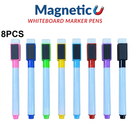 Set of 8 magnetic whiteboard marker pens with colored caps on a white background