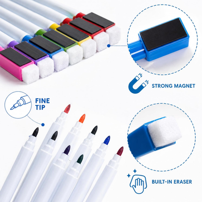 Set of markers with built-in erasers and strong magnets, showing close-up details on a white background.