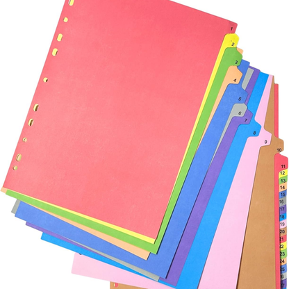 A set of colourful tabbed divider  card sheets ,hole-punched for ring binders. The card tabs are in multiple bright colours including red, green, yellow, blue, purple, pink, and brown, each with a numbered label.