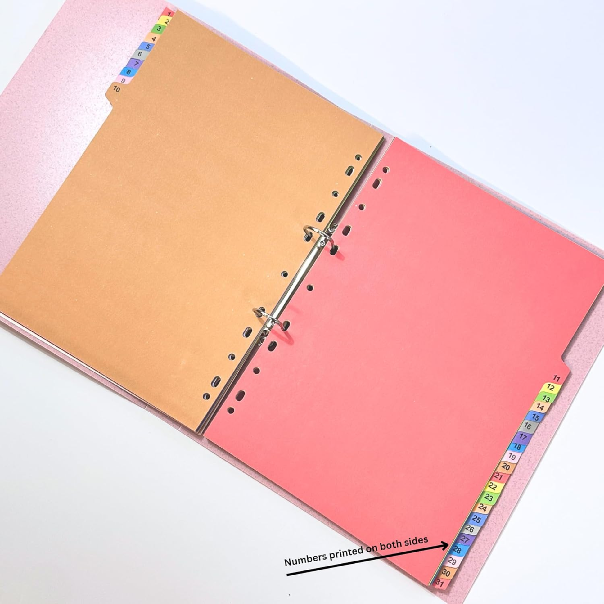 index dividers with numbered tabs from 1 to 31 shown in a ring binder , tabs are printed on both side of each divider sheet