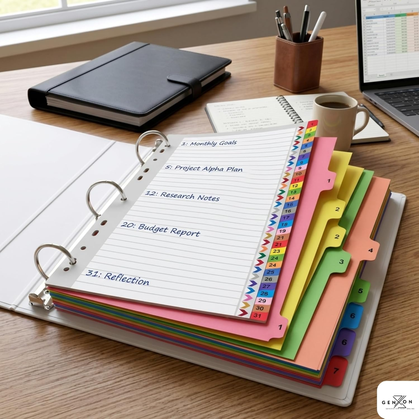 A white three-ring binder planner with colorful divider tabs and lined pages, shown open on a wooden desk with a notebook, pen cup, mug, and laptop nearby.