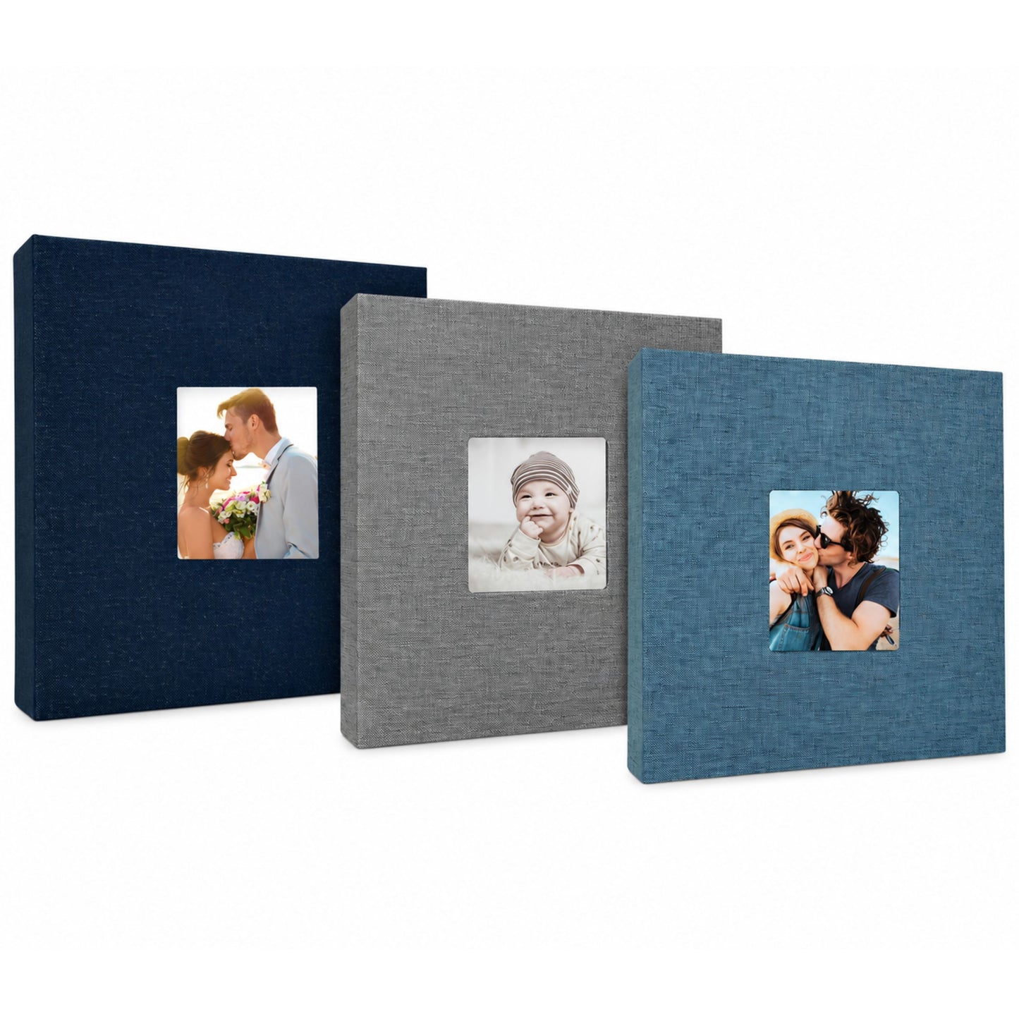 Large Photo Album 6x4 200 Pockets – Slip-In Memo Photo Book | Linen Hardcover, Personalised Cover Window | Family, Wedding & Holiday Memories (Black, Blue, Grey)