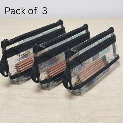 GenXon Clear Transparent Pencil Case Pack of 3 | 2 Compartments | Zip Pouch