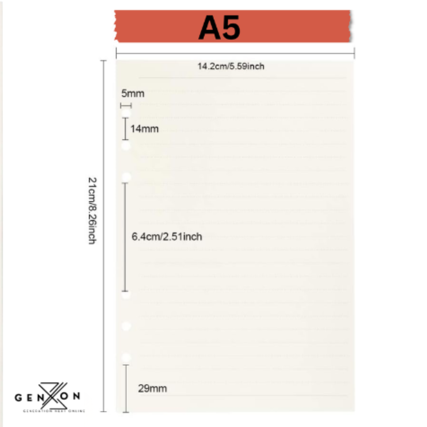 Genxon A5 lined refill paper 45 sheets 8mm ruled cream paper for Filofax and ring binder planners, size mentioned