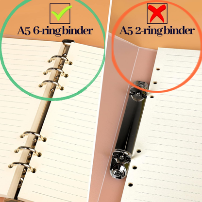 Close-up comparison of two A5 ring binders: a 6-ring binder on the left with metal rings and a peach-colored cover, marked with a green check; a 2-ring binder on the right with a black metal ring and cover, marked with a red X.