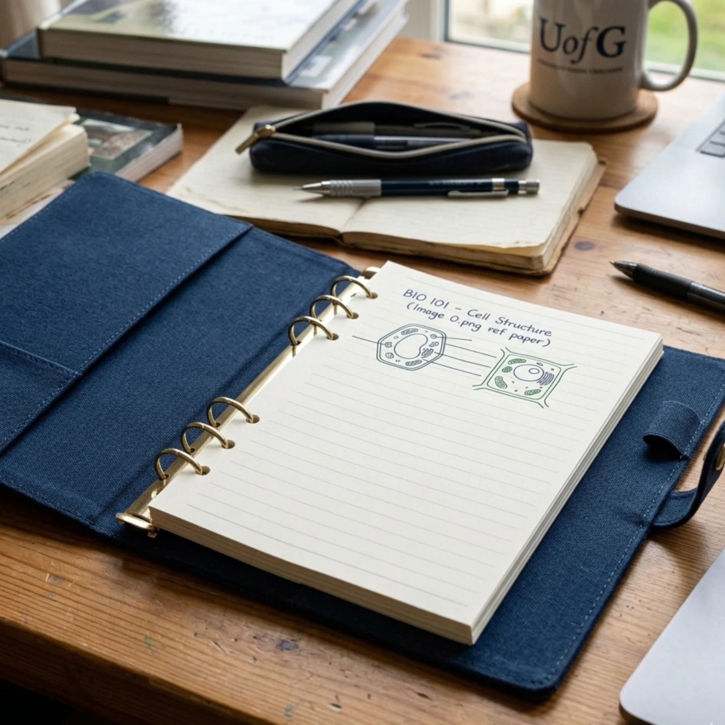 A5 refill lined pages in A5 planner . An open navy blue ring-bound notebook with lined pages lies on a wooden desk, .