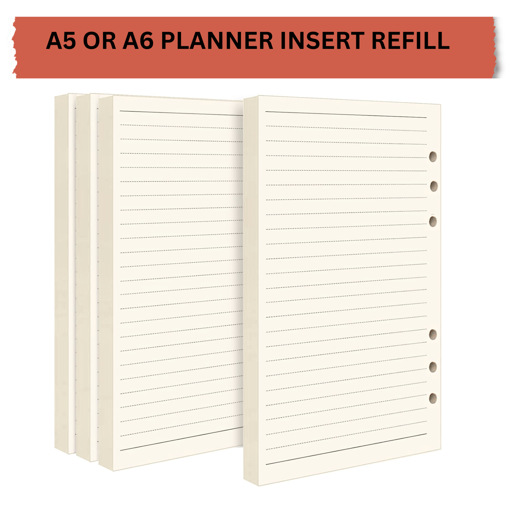 GenXon A5 or A6 planner insert refill lined ruled loose sheets cream paper 6-hole punched