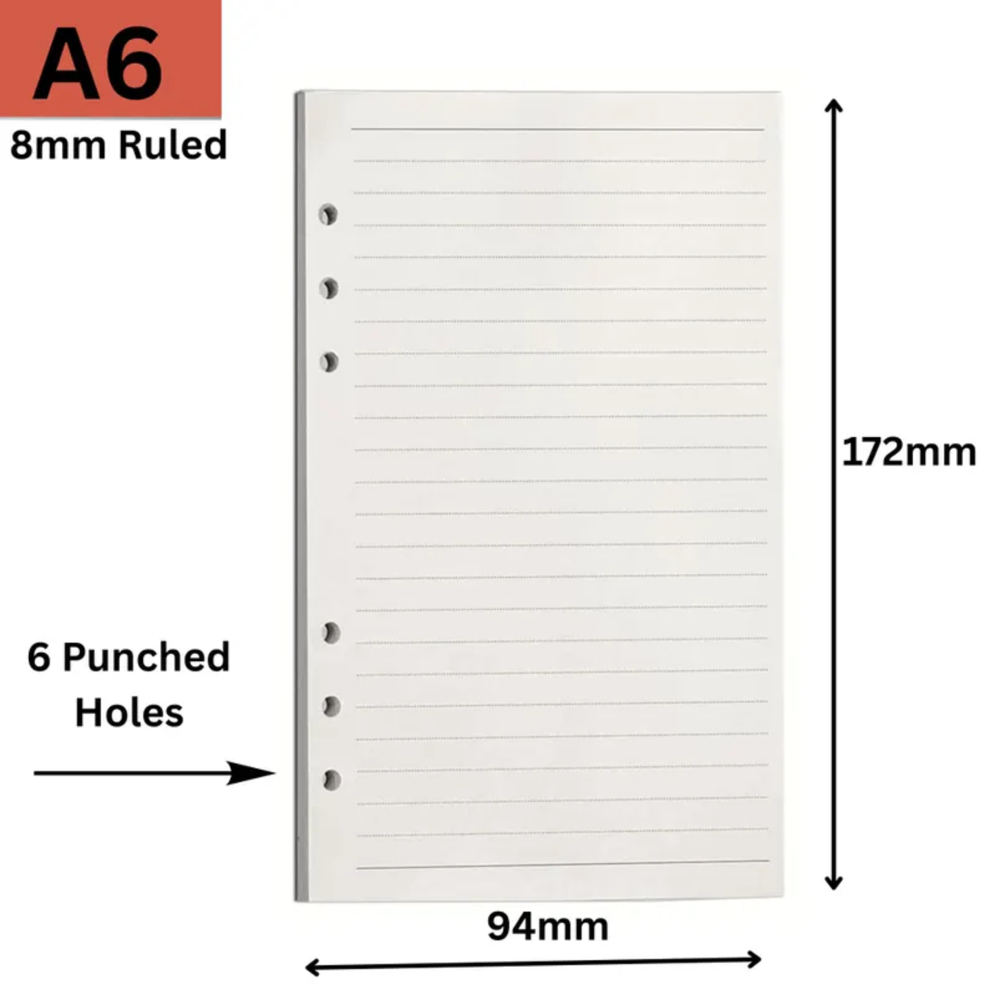 Genxon A6 lined refill paper 45 sheets 8mm ruled cream loose leaf sheets for planner inserts Dimension are given