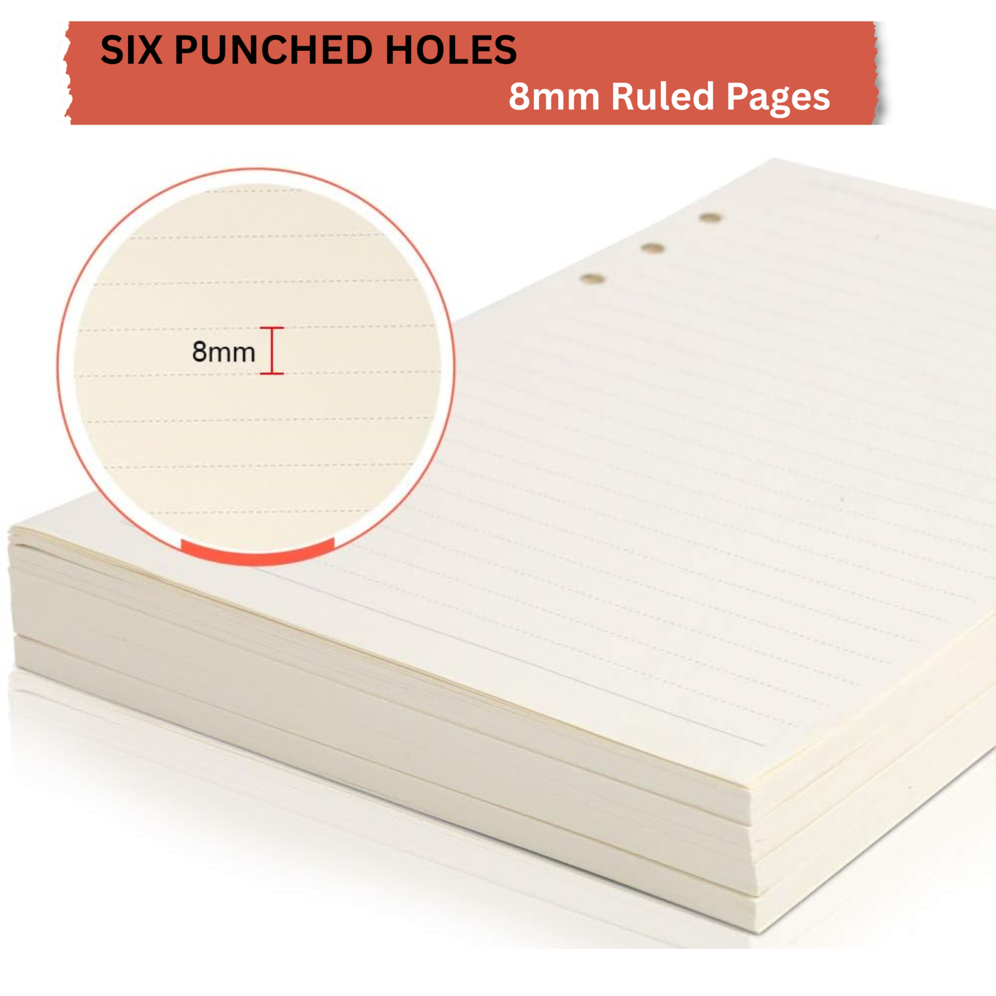  Genxon lined refill paper close-up showing 6 punched holes and 8mm ruled lines on cream paper