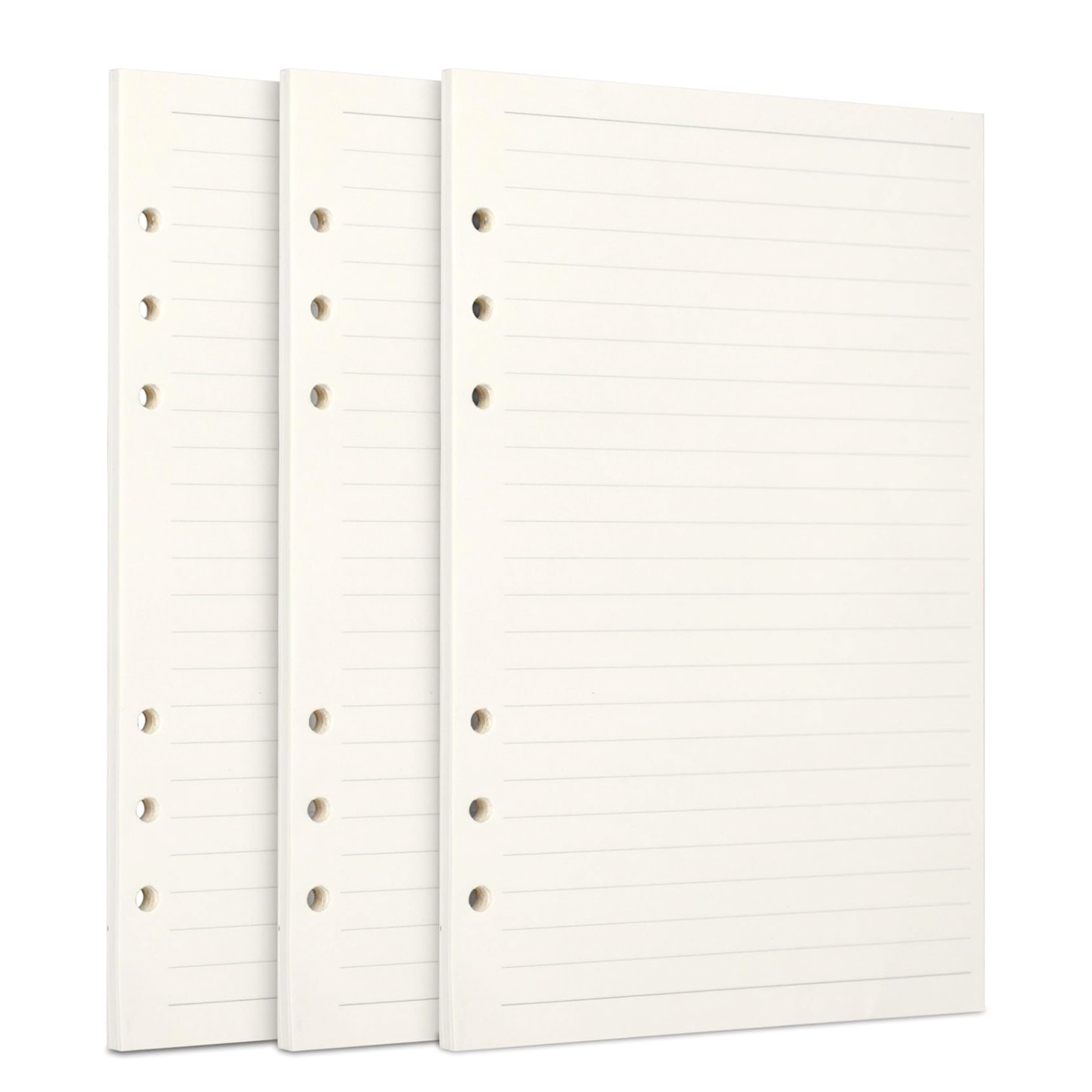Three off-white, lined 5-hole punch planner inserts shown on a solid white background.