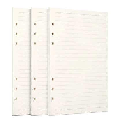 Three off-white, lined 5-hole punch planner inserts shown on a solid white background.