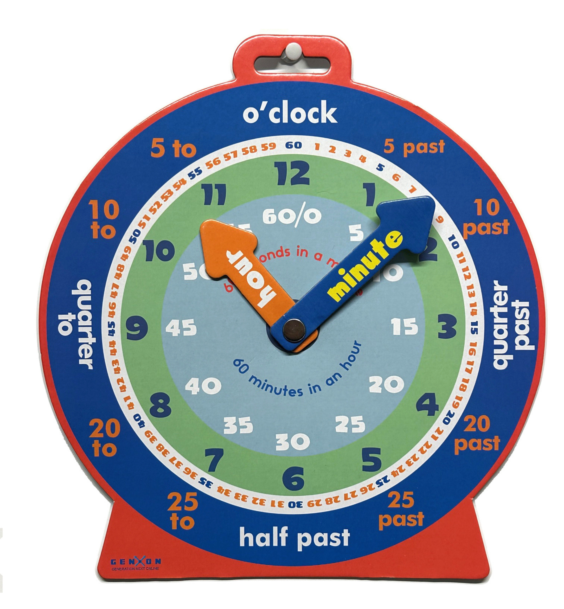 Educational clock toy with colorful design on a white background