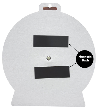 Round white board with black magnetic strips and a visible magnet on a white background