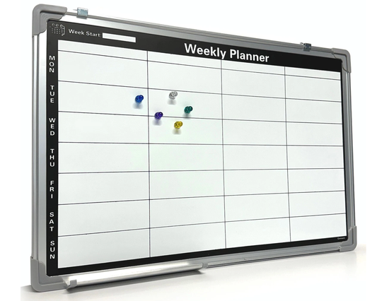 A weekly planner magnetic whiteboard with a gray frame, featuring a grid layout labeled for days of the week and a week-start box at the top, shown on a white background.