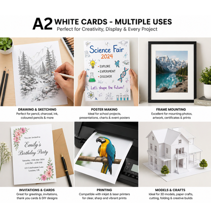 A2 white cards with various uses including drawing, poster making, framing, printing, and crafting.